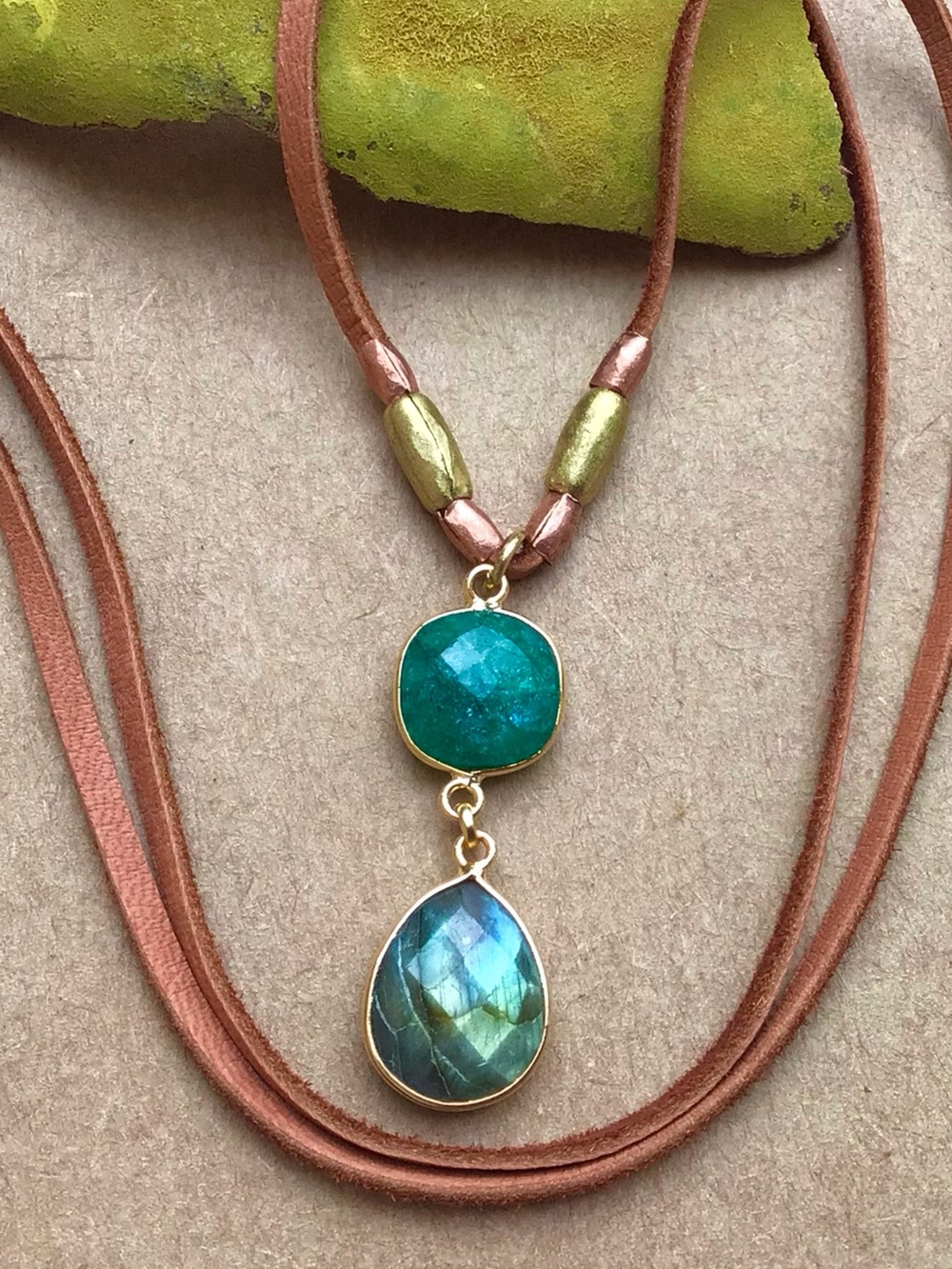 Natural Labradorite Emerald leather cord Sundance Charm Necklace
